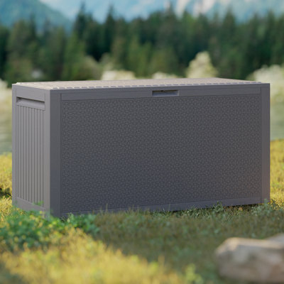EHHLY 90 Gallon Outdoor Storage Box, Lockable Package Outside Storage Box Waterproof, Patio Cushions Deck Storage Boxes, Rattan Plastic Garden Hose Containers Resin Pool Storage Bins with lids