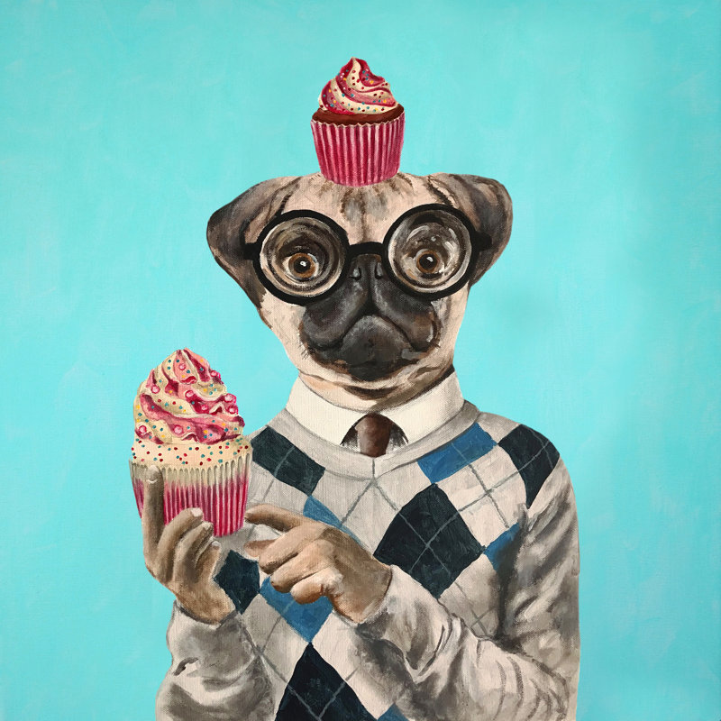 Carlin avec petits gâteaux - peinture sur toile tendue, H 12 po x l 12 po, Non, Toile tendue