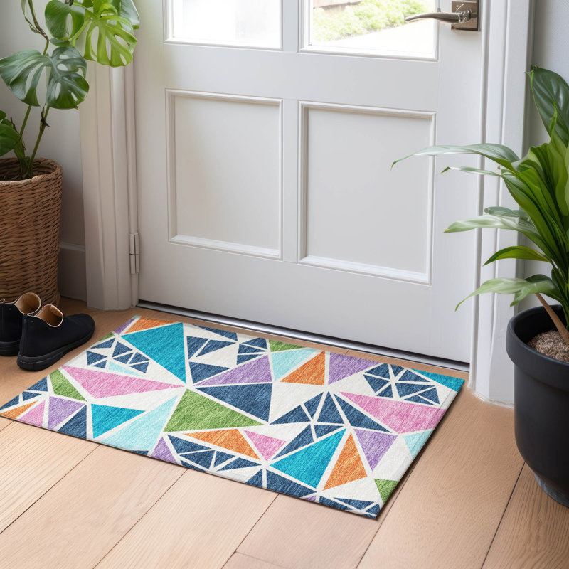 White Geometric Synthetic Washable Rectangular Rug 30" x 20"
