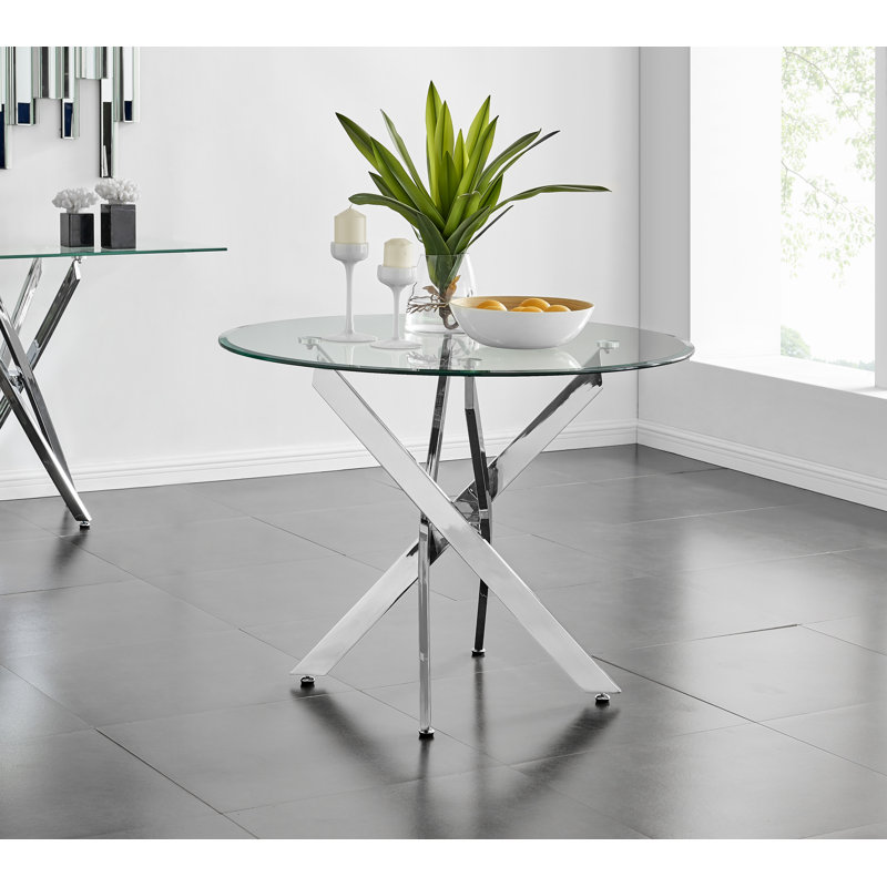 Tierra Modern Chrome Metal & Glass Round Dining Table Set with 2 Soft Touch Faux Leather Chairs, White