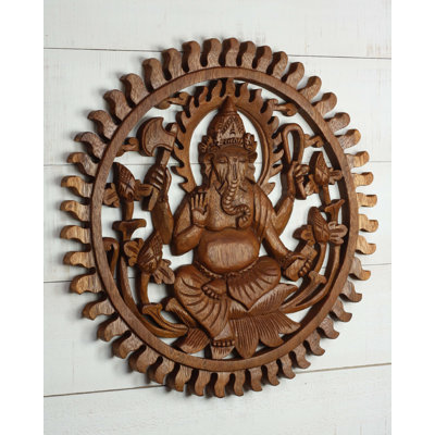 Hand Carved Wooden Ganesha Sunburst Wall Panel - Hindu Elephant God Lotus Art