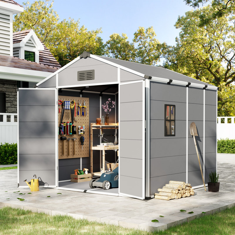 8X8 FT Outdoor Storage Shed, Weather-Resistant Shed With Lockable Double Doors & Built-In Floor, Sloped Roof Outdoor Shed For Backyard, Patio & Lawn, Black