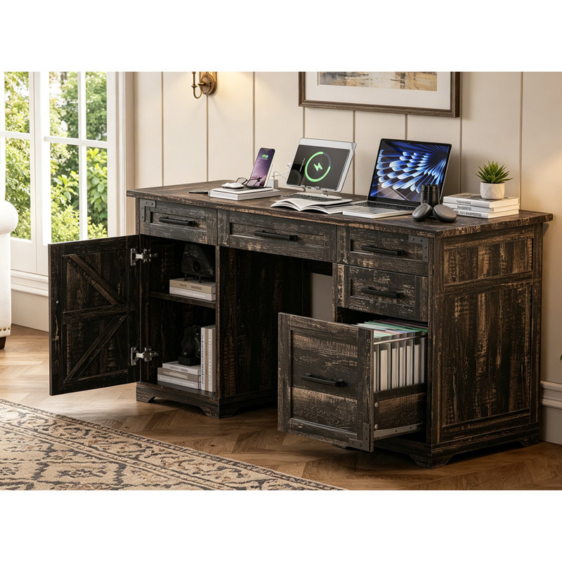 Bureau de direction Farmhouse avec station de charge et prise de courant, 29.9, gray