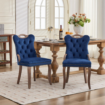 Harlow Tufted Upholstered Velvet Dining Chairs with Wood Arms and Nailhead Trim