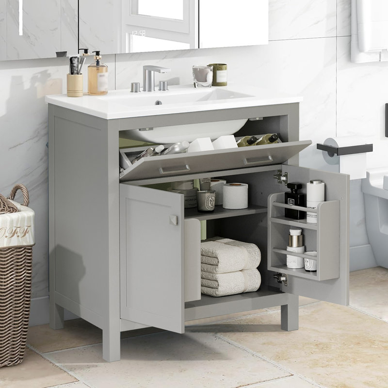 30" Single Bathroom Vanity with Ceramic Top, Gray