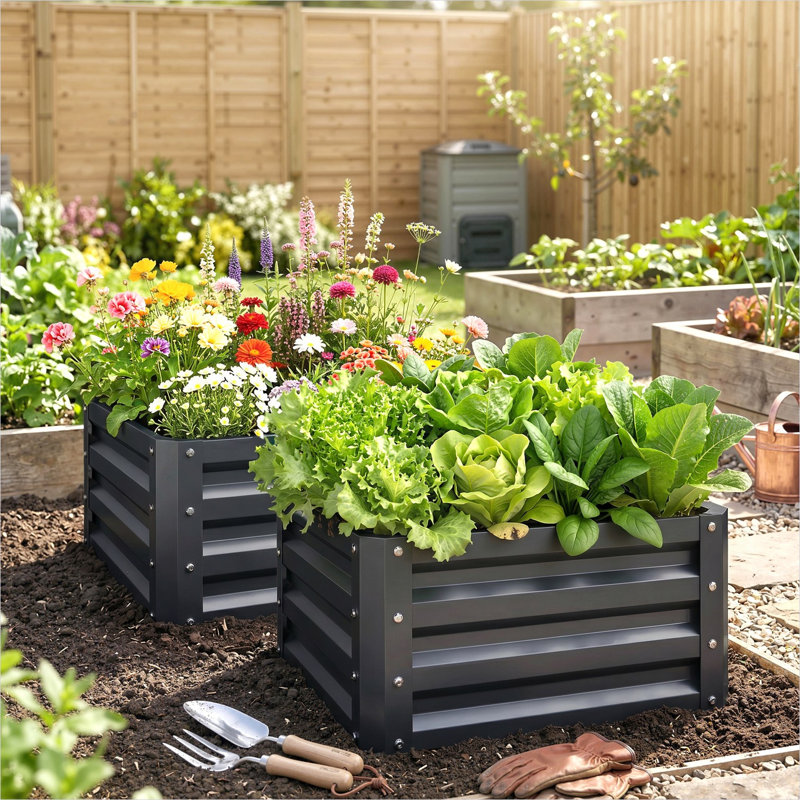 Ensemble de pots à fleurs d'extérieur pour plantes et légumes, acier galvanisé gris neutre, boîtes surélevées carrées de 23,5 pouces, paquet de 2
