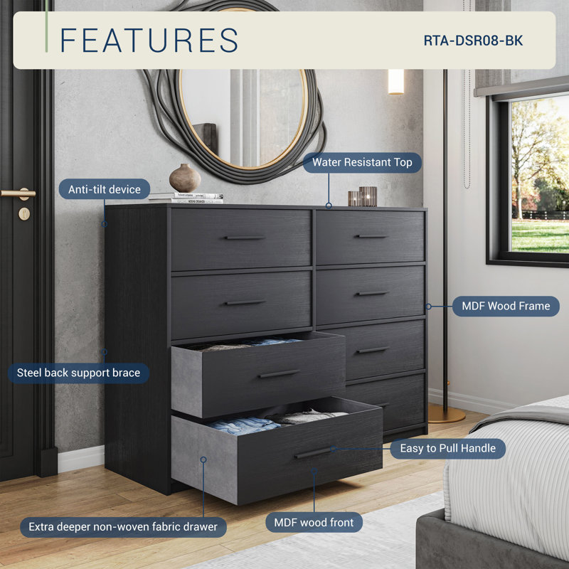 Spacious Wood Frame Dresser with 8 Large Fabric Drawers Drawers for Bedroom, Living Room, Closet, Hallway, TV Stand, or Toy Chest Use