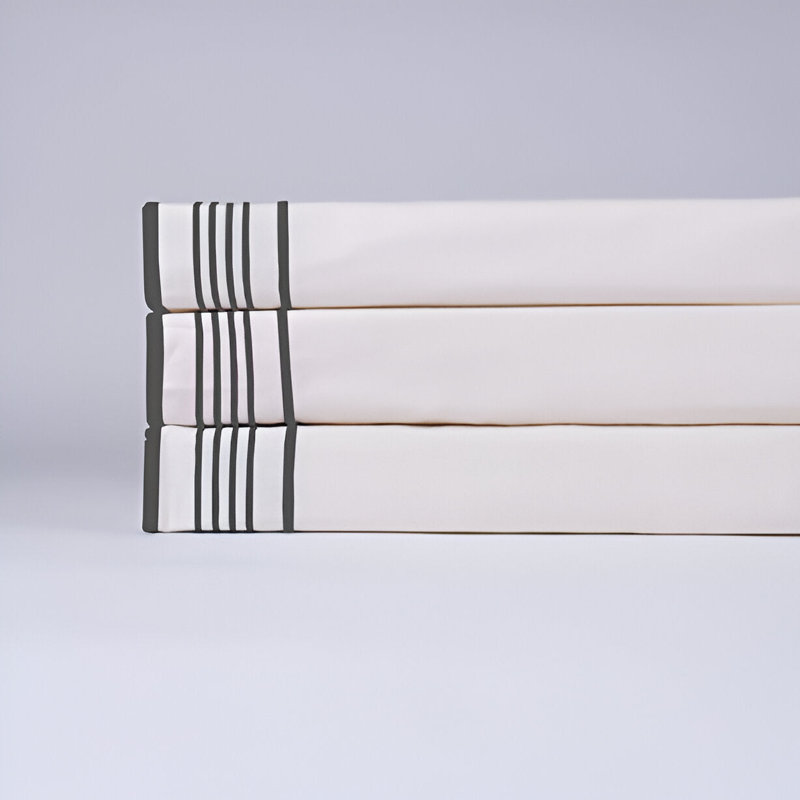 Smart Border 400TC Cotton Embroidery Cotton 4 Piece Sheet Set Fitted Sheet Fits Upto 16" Deep Pocket, Dark Gray Border
