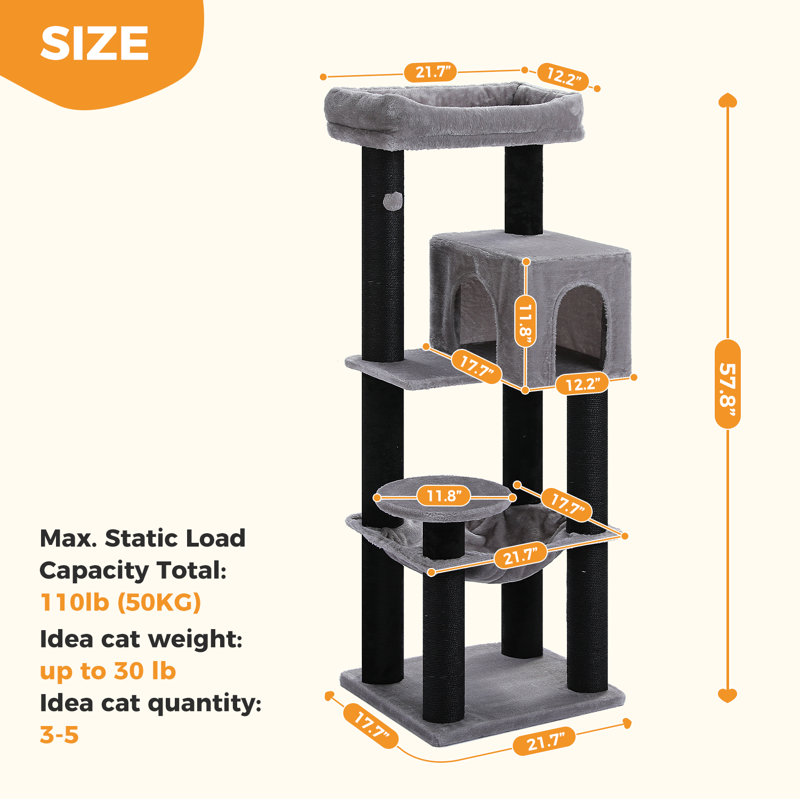 Plush 57.8-Inch Cat Tower Black, Black