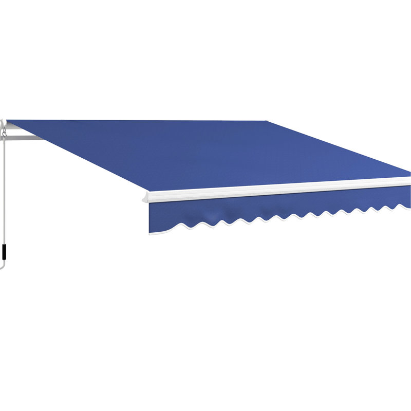 Dark Blue 13' X 8' Porch Sunshade Awning. & Water-. Manual Crank Handle. Aluminum Frame. Deck, Balcony, Yard. Multi-Surface Fitment. Adjustable Sun Shelter. Heat Reducing. Versatile Placement