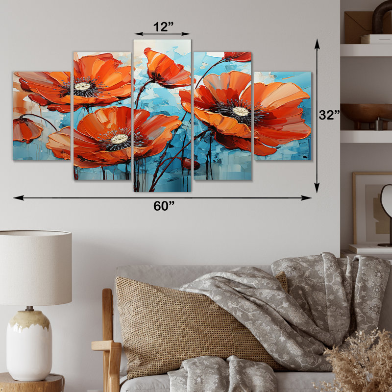 Orange et bleu «Poppy Meadow - Poppies Multipanel», ensemble d'art mural