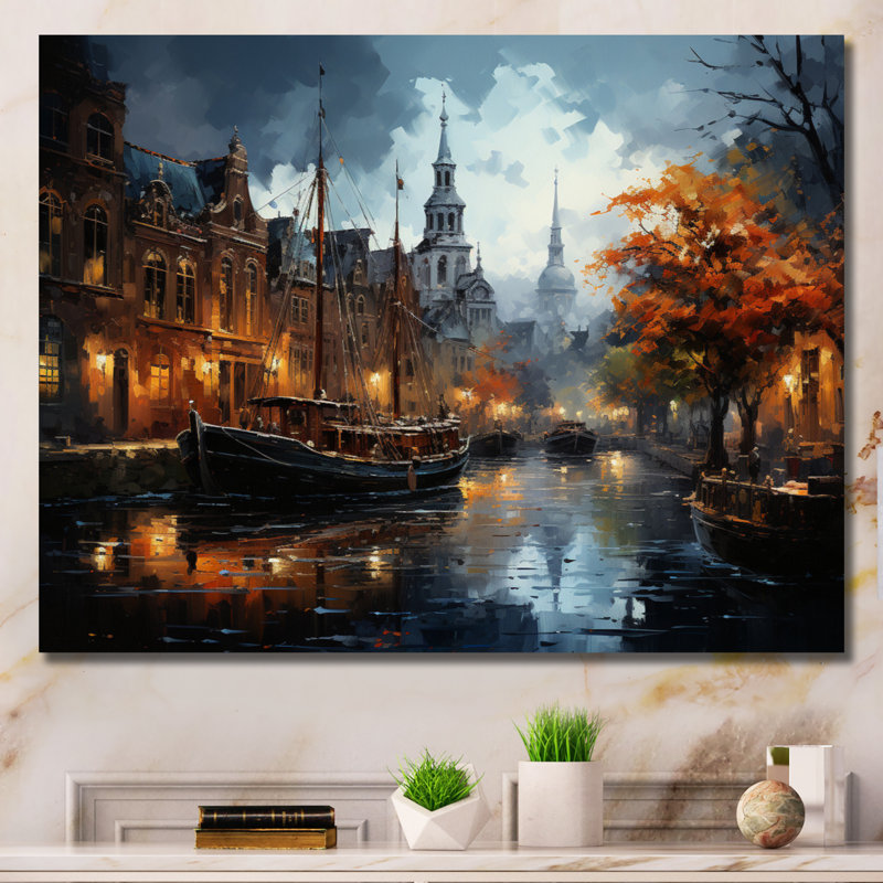 Danemark, Amsterdam, canal, nuit II - Danemark, art mural, H 16 po x l 32 po x P 1 po, Toile tendue