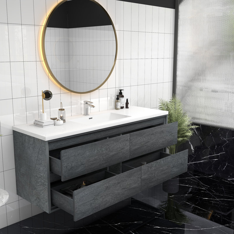 Meuble-lavabo mural Jack 60S en chêne fumé avec lavabo en acrylique renforcé, Chêne fumé