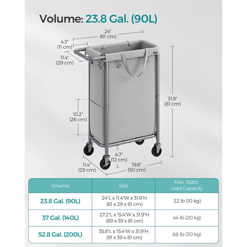 Rolling Laundry Hamper with Handles, Dove Grey