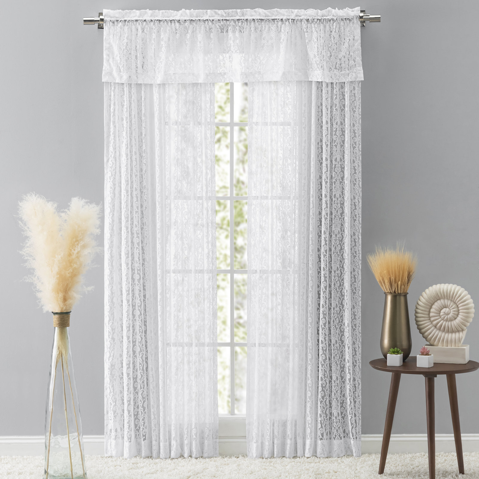 Elainah Premium Lace Semi-Sheer Rod Pocket Curtain Panel, White, 54" W x 63" L