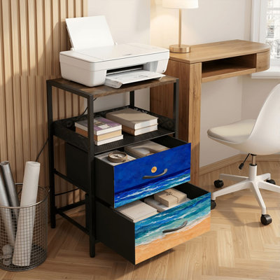 Table de chevet 2 tiroirs avec station de charge, table de chevet pour chambre avec ports USB et amp; Outlets, tablette ouverte noire, table de chevet avec rayures abstraites côtières bleues et vertes sous un imprimé soleil jaune