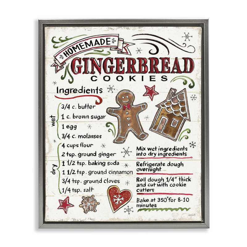 «Holiday Gingerbread Cookies Recipe», art mural encadré sur toile Floater, H 25 po x l 31 po, Cadre flottant gris lustré