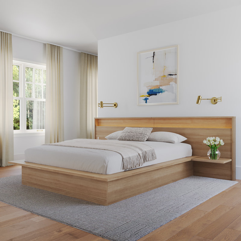 Monroe Queen Size Slatted Bedframe with Wide Headboard with Dimmable Lights, Brown