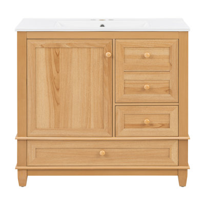Meuble-lavabo autoportant de 30 po avec lavabo en céramique, meuble-lavabo en grain de bois naturel avec pieds en bois massif et 3 tiroirs de rangement et organisateurs de porte intégrés