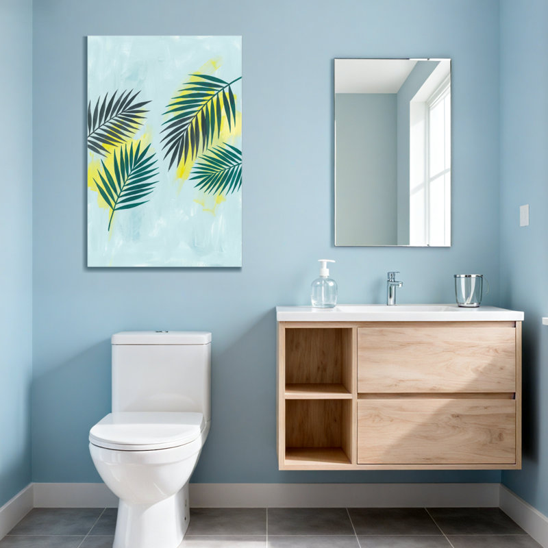 Plantes et fleurs, feuilles tropicales sur fond bleu clair, H 18 po x l 12 po