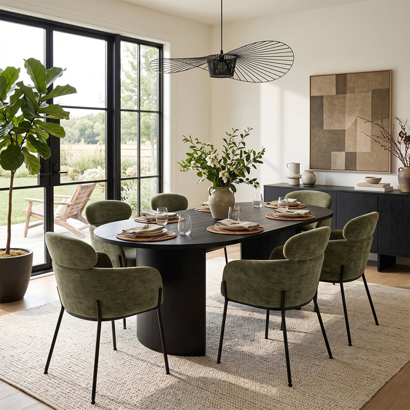 Ensemble de table de salle à manger ovale de 79 pouces avec fauteuils rembourrés à double dossier, Vert