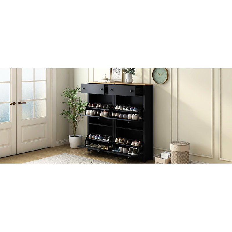Rangement pour chaussures de couloir contemporain, 4 tiroirs rabattables et 2 tiroirs, surface en grain de bois, panneau de particules stable et armoire de construction moderne pour le couloir, le dessus,