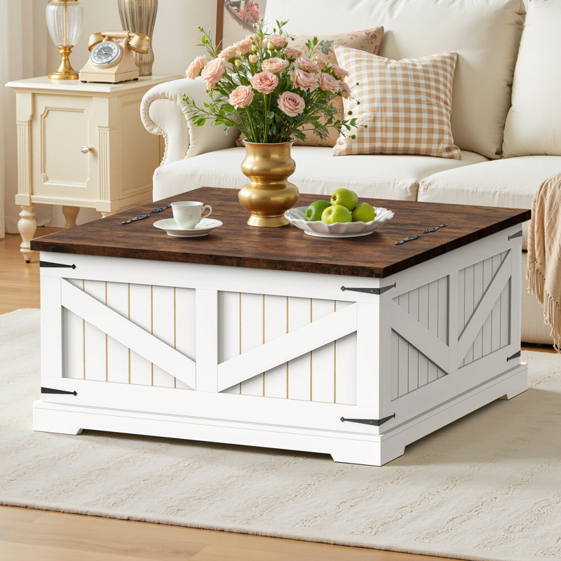 Table basse Tishay Farmhouse avec rangement, table centrale carrée 31,5 po avec double couvercle rabattable et compartiment caché, table basse en bois rustique pour le salon, la chambre à coucher et le bureau personnel