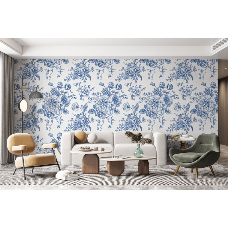 Papier peint floral bleu avec motif de fleurs, L 75,96 po x l 114 po