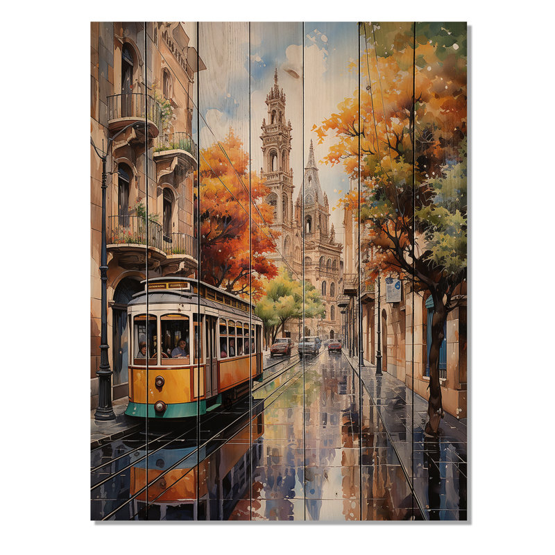 Espagne, rues colorées de Barcelone sur bois, H 20 po x l 10 po x P 0,78 po