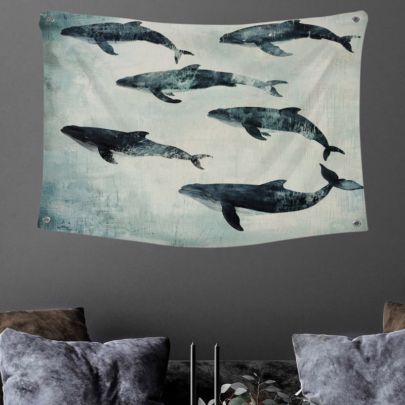 Tapisserie murale baleines - Décoration murale mer, H 88 po x l 104 po