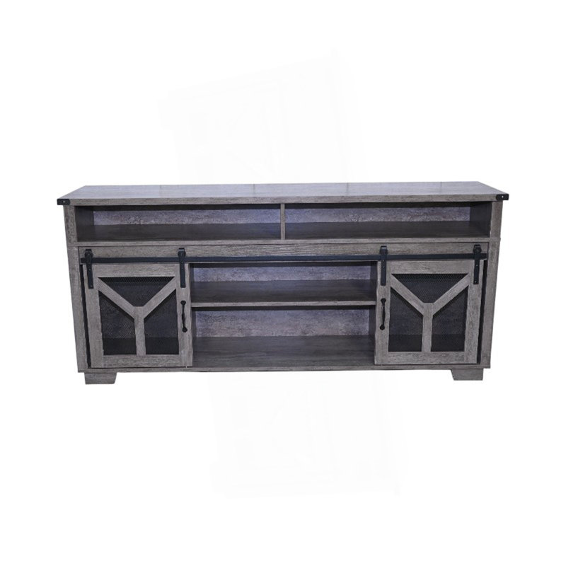 Meuble télé 65,3 po avec bandes lumineuses à DEL et porte de grange en fer avec bande décorative en Y de style campagnard gris