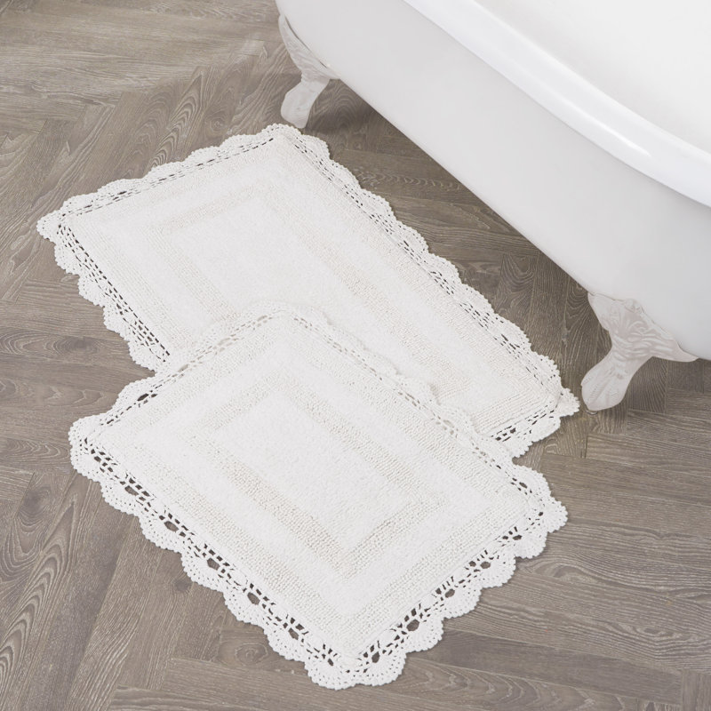 Laura Ashley Crochet Machine Washable Cotton 2 Pieces Bath Rugs, White