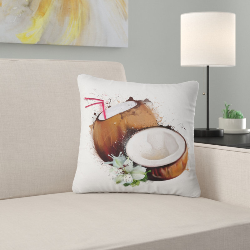 Noix de coco avec aquarelle de paille - coussin imprimé floral, 18 po x 18 po, Coussin décoratif