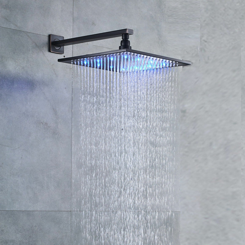 12" Matte Black LED Shower Head Square Rainfall Top Sprayer Brass Rotate Faucet, Matte Black