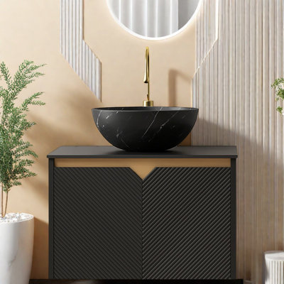 Modern Bathroom Vanity Cabinet With Ceramic Sink, Black Sintered Stone Top