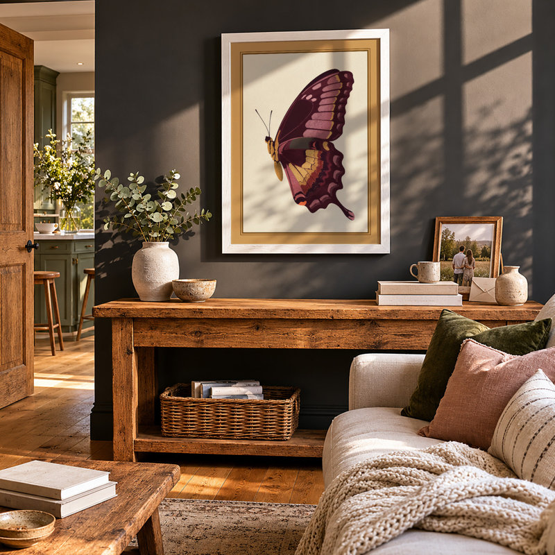 Plum Butterfly Study Botanical - Framed Print, A4 - 29.7 x 21.0 cm, White