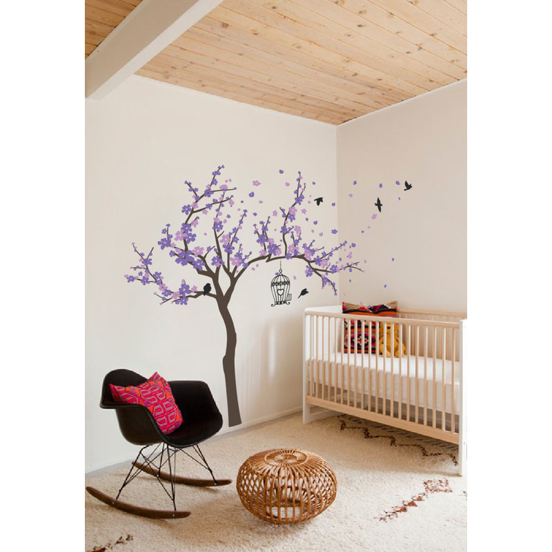 Décalcomanie murale Arbre en fleurs et oiseaux, H 72 po x l 92 po x p 0,01 po, Mauve