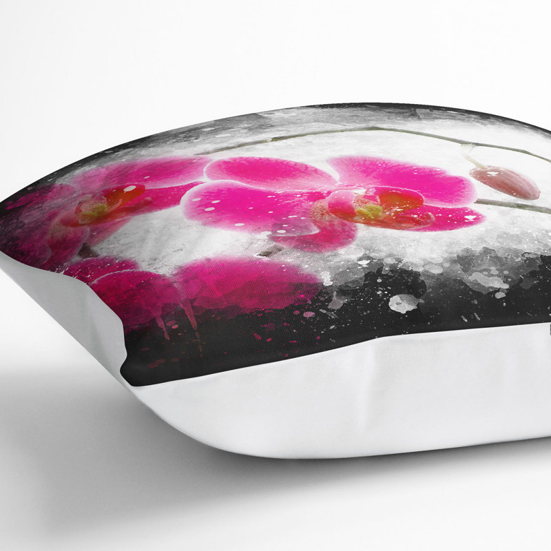 Hot Pink Orchids Paint Splash Cushion with Filling, White, 40cm H x 40cm W x 15cm D