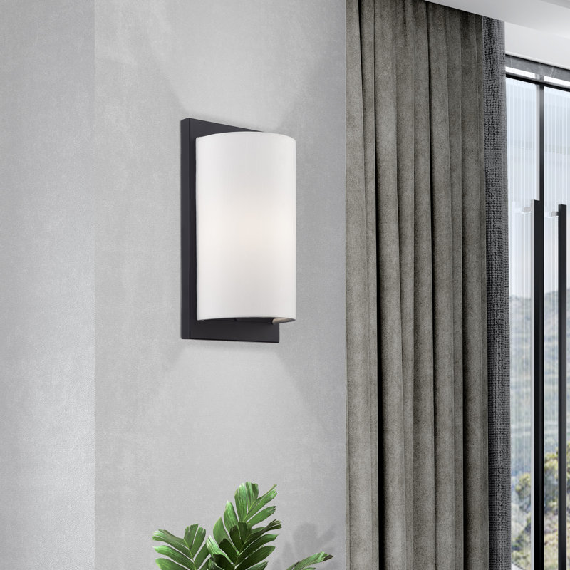 1 Light Antique Brass ADA Sconce With Hand Crafted Off-White Fabric Shade, Black