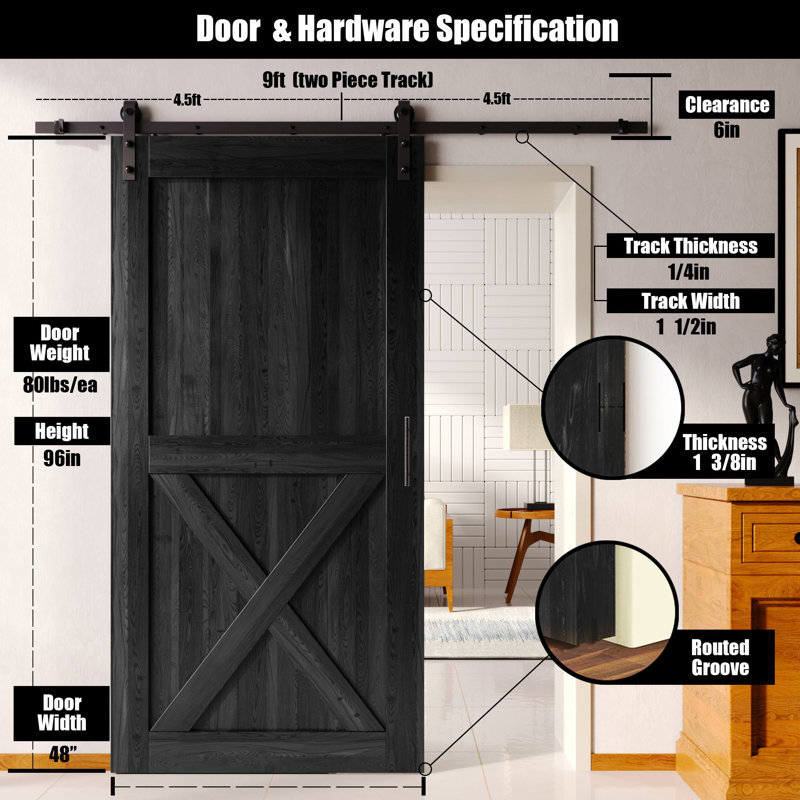 Homacer 96inch high black unassembled & finished x design barn door with single door non-bypass installation hardware kit, interior use only
