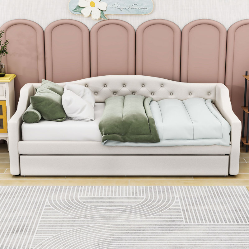 Esvin Twin XL Upholstered Daybed with Twin XL Trundle and  LED Lighting, Beige