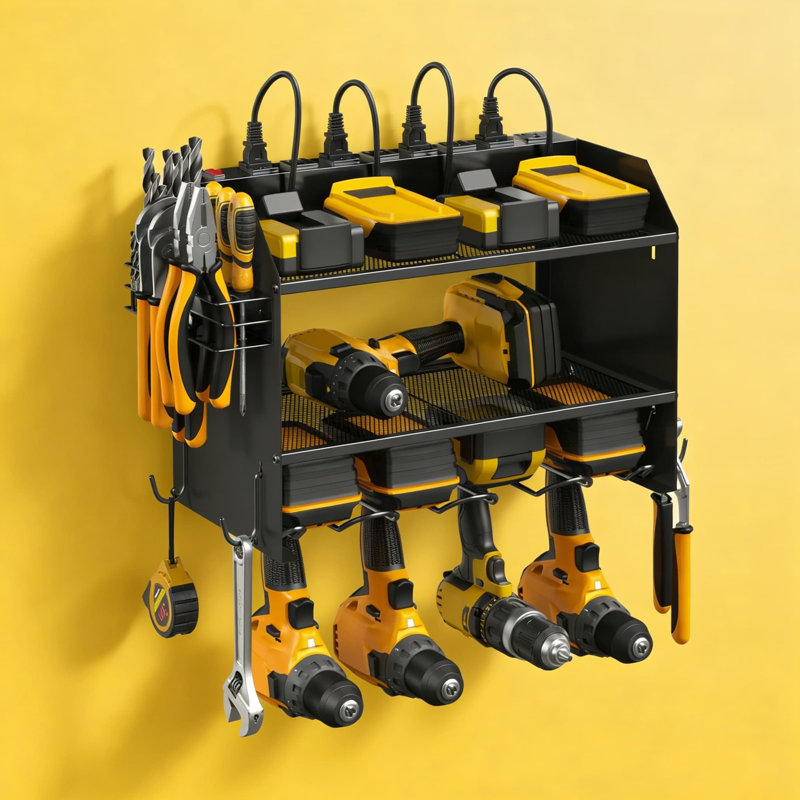 Support mural modulaire pour organisateur d'outils électriques avec station de charge, tablette perceuse et embout, multiprise