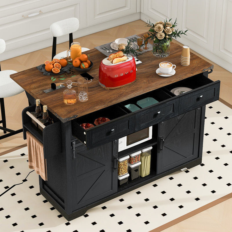 53.7" Farmhouse Kitchen Island With Power Outlet, Drop Leaf & Sliding Barn Doors, Rolling Storage Cart, Black, Black