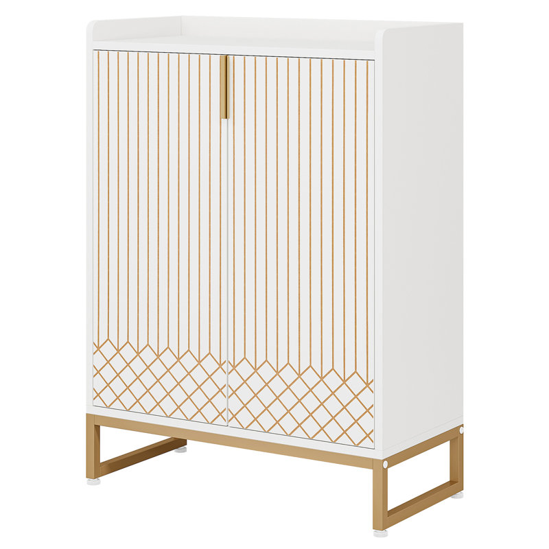 Armoire à chaussures 29,52 pouces blanc et or avec portes, Noyer / doré