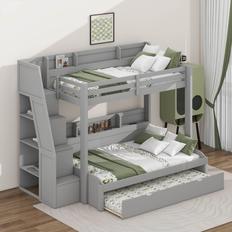 Lit simple superposé au dessus d'un lit double avec escalier de rangement, lit gigogne, tablettes de rangement et port USB