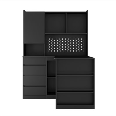 L-Shaped Computer Desk with Built-In Outlets, Drawers, and Shelves in Sleek Black