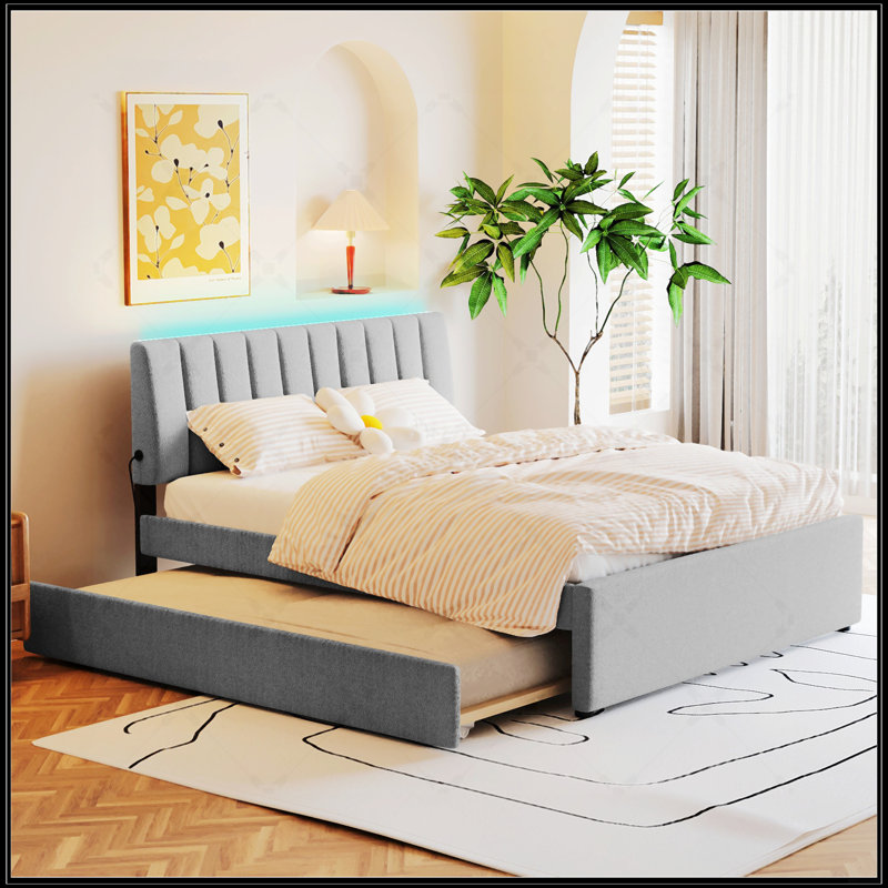 Lit plateforme tapissier Teddy, Gris, Grand lit