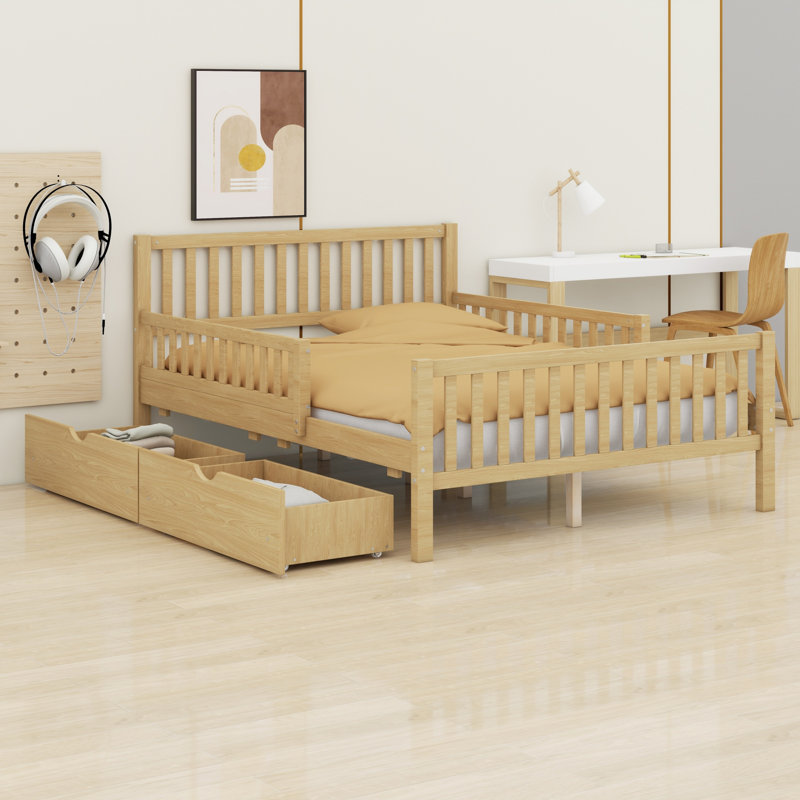 Lit plateforme contemporain en bois avec garde-corps et tiroirs, Lit double