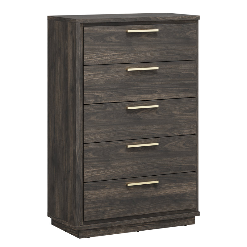 5 Drawer Dresser, Wood Storage Chest with Rose Gold Handles, Brown
