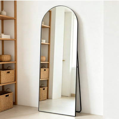 Miroir pleine longueur, miroir de plancher arqué 56 po x 16 po avec support, miroir debout ou incliné noir pour la chambre à coucher, le salon